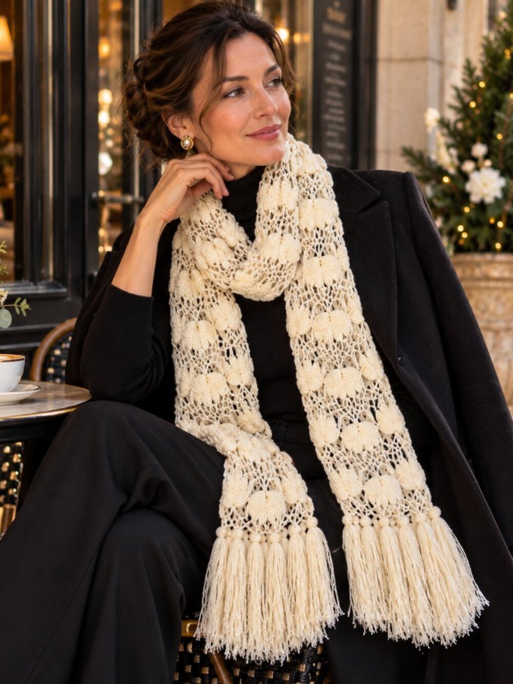 Ivory Openwork Floral Crochet Scarf Wrap Metallic Fringe Boho Luxe